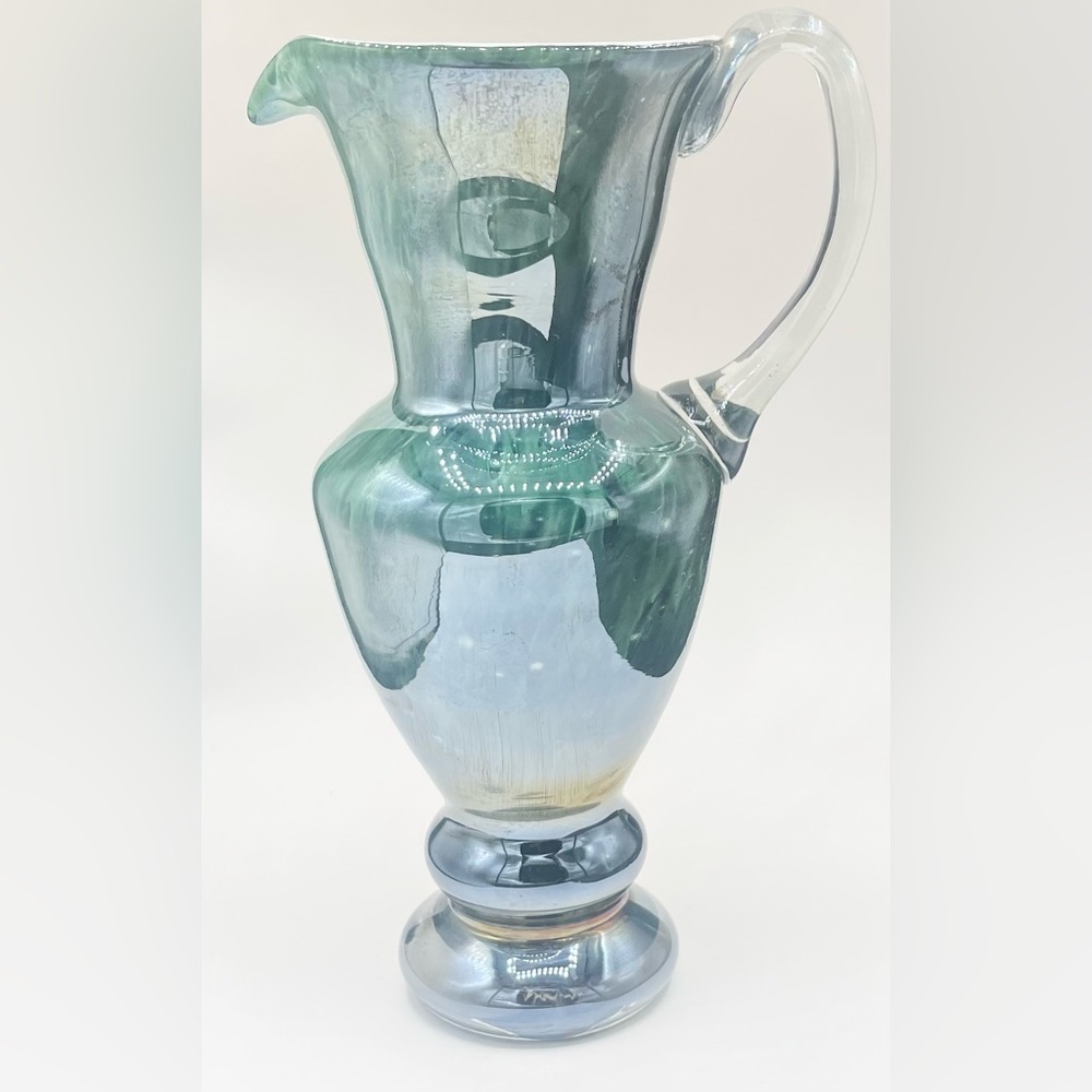 Vintage Studio Art Glass MACOCHA Poland Green Iridescent Pitcher 9.5” Tall